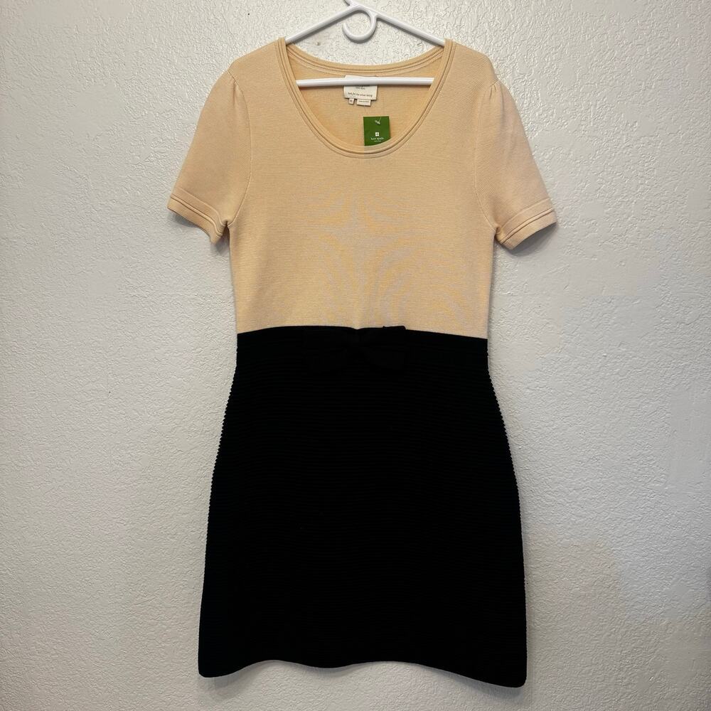 NWT Kate Spade 100% Wool Colorblock Knit Bow Waist Sheath Dress Black Ivory XL - Picture 2 of 7